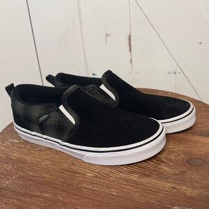 Vans Black and Dark Green Plaid with black Suede Topped Slip-Ons